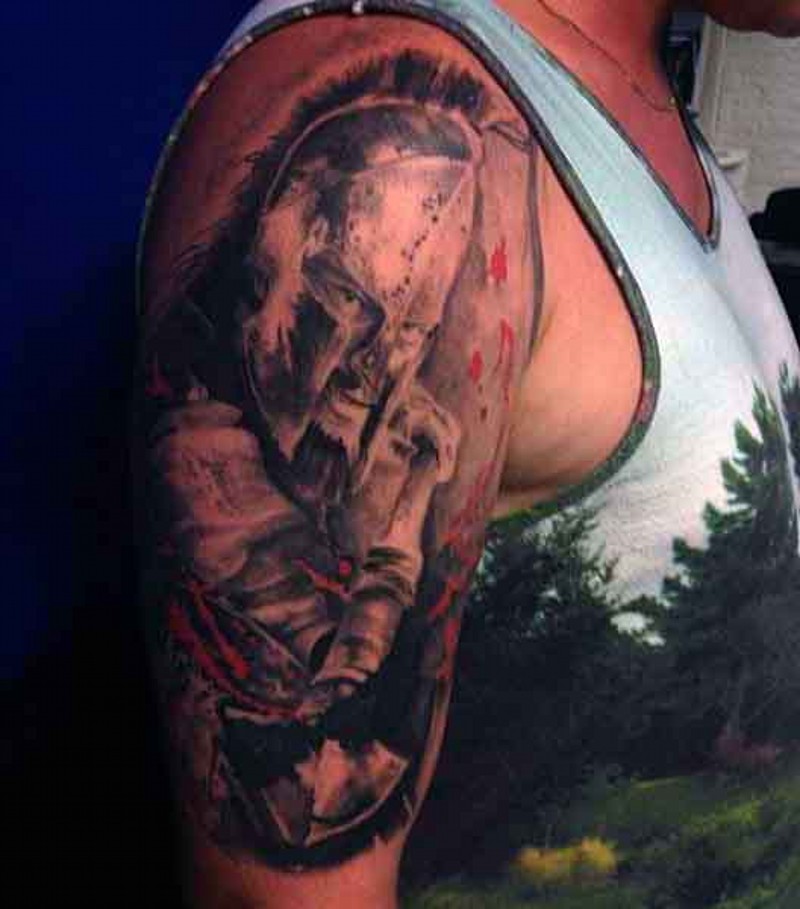 Spectacular black and white glorious shoulder tattoo of Spartan warrior