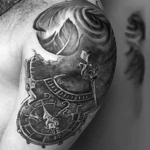 Spectacular black and white shoulder tattoo of old antic clock
