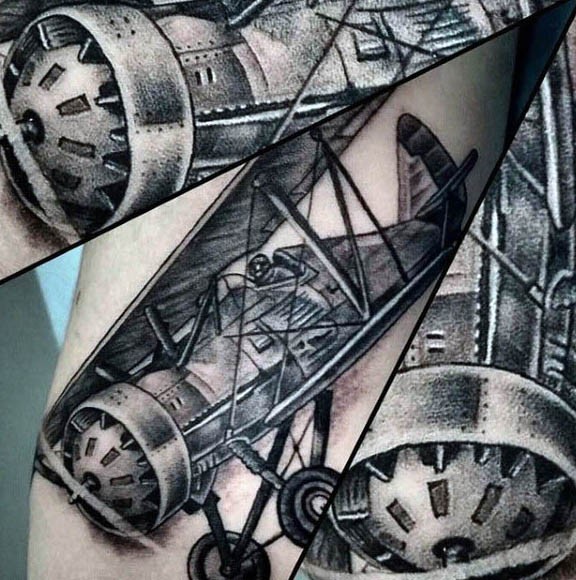 Spectacular black and white side tattoo of antic plane