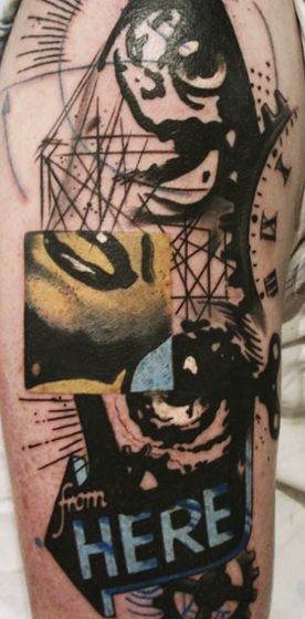 Spectacular black ink abstract style shoulder tattoo of various figures and woman smile