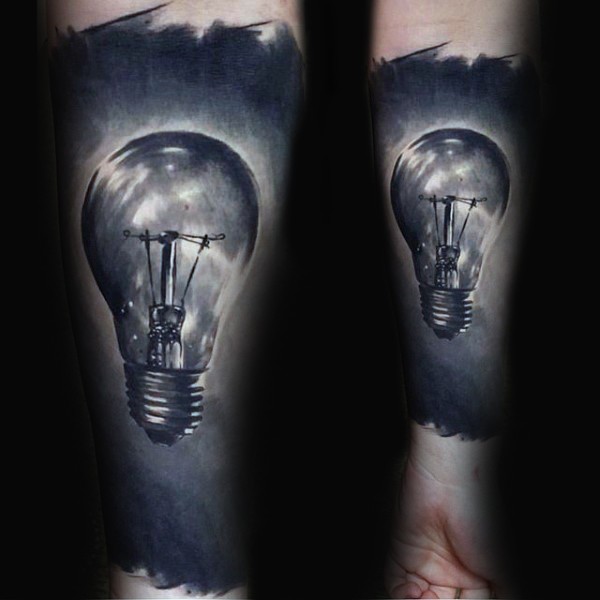 Spectacular black ink forearm tattoo of typical bulb