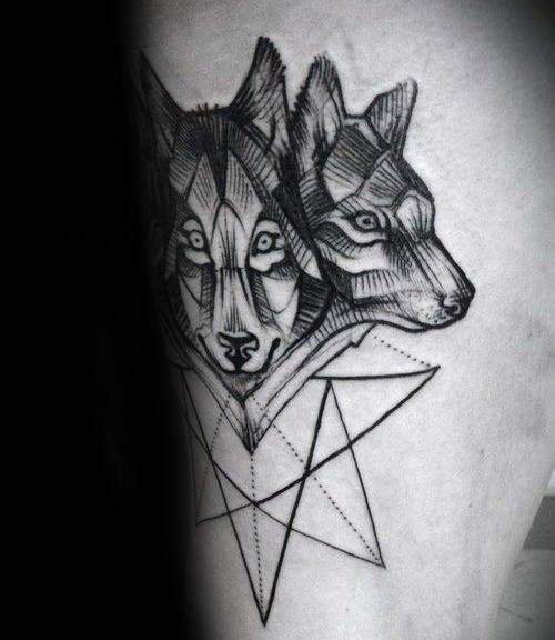 Spectacular black ink tattoo of wolves with star