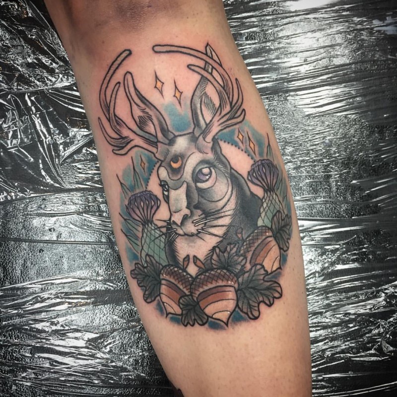 Spectacular colored leg tattoo of impressive deer and stars
