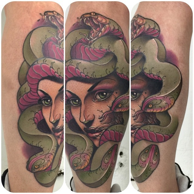 Spectacular colored leg tattoo of woman face and snakes