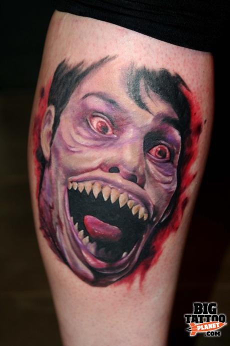Spectacular colored tattoo of creepy zombie monster face