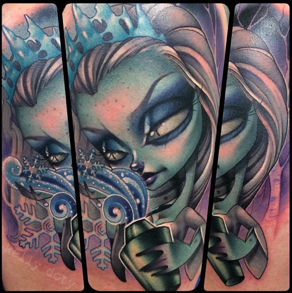 Spectacular colorful detailed shoulder tattoo of ice witch
