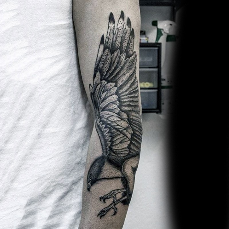 Spectacular half sleeve engraving tattoo of flying eagle