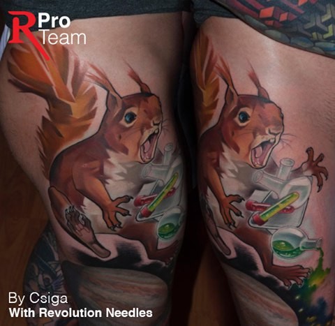 Spectacular illustrative style thigh tattoo of little squirrel with chemicals