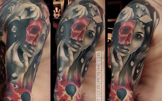 Spectacular interesting looking shoulder tattoo of woman portrait