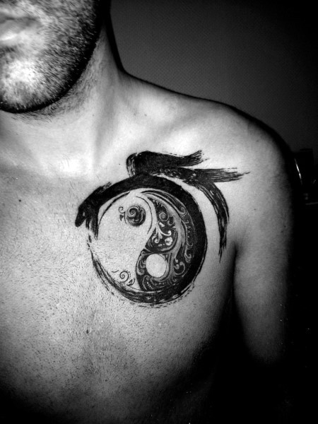 Spectacular lack and white Asian traditional style chest tattoo of Yin Yang symbol