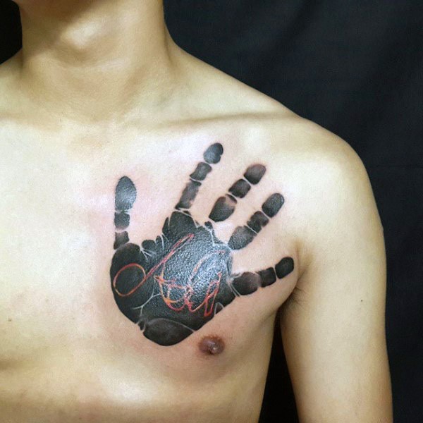 Spectacular looking 3D style dark hand tattoo on chest stylized with red symbols