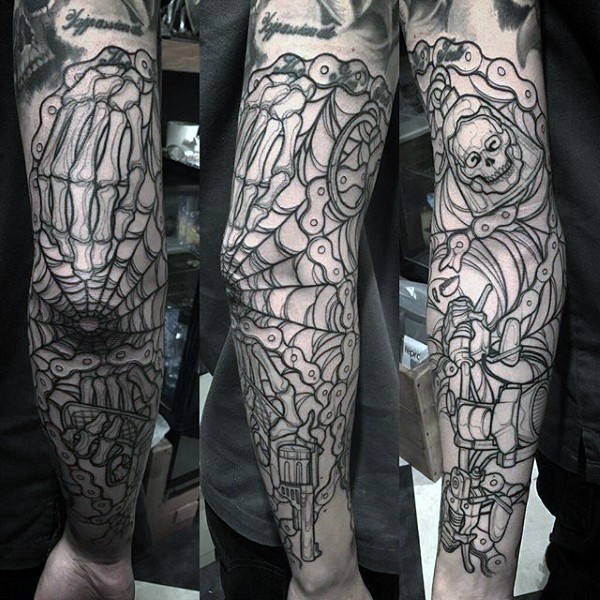 Spectacular looking black ink spider web with human skull and bike chain tattoo on sleeve
