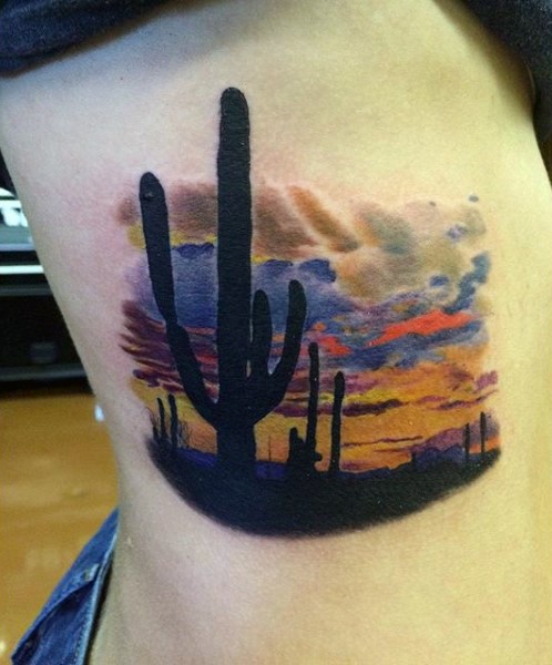 Spectacular looking colored side tattoo of western sights