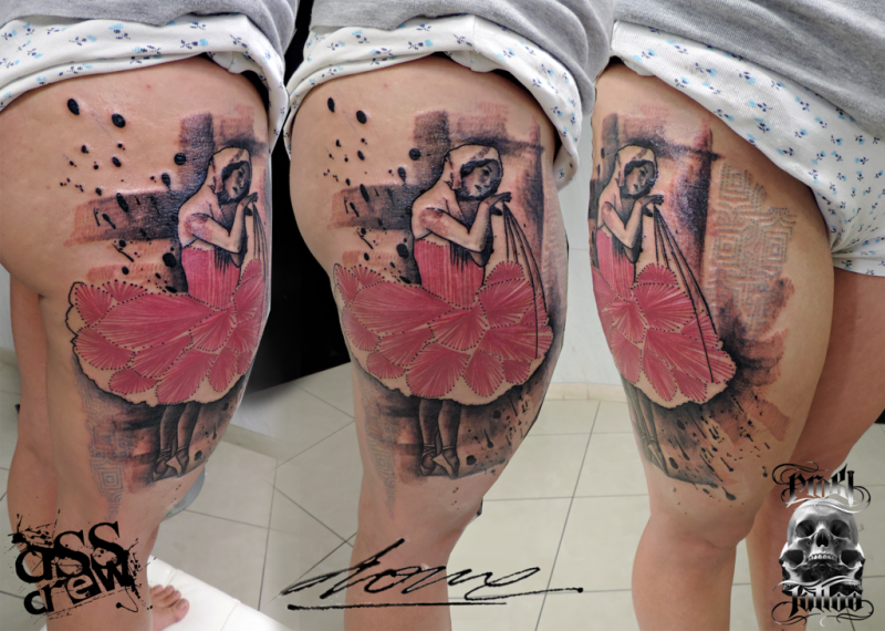 Spectacular looking colored thigh tattoo of woman with cross and flower dress