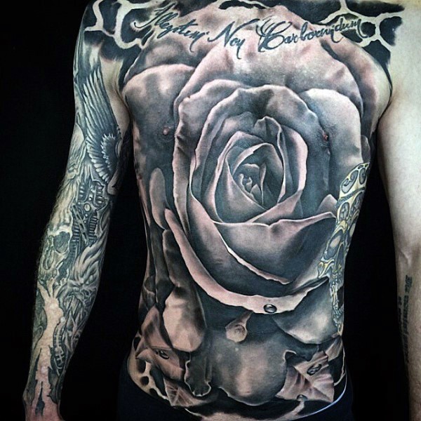Spectacular looking colored whole chest and belly tattoo of rose flower