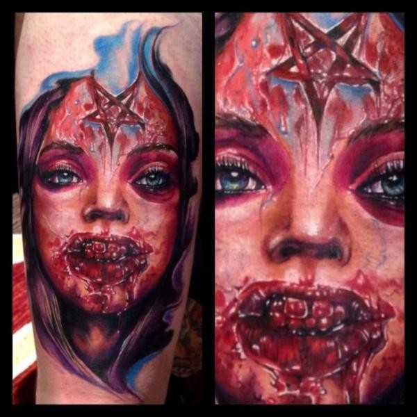 Spectacular marvelous looking forearm tattoo of monster woman face stylized with cult star
