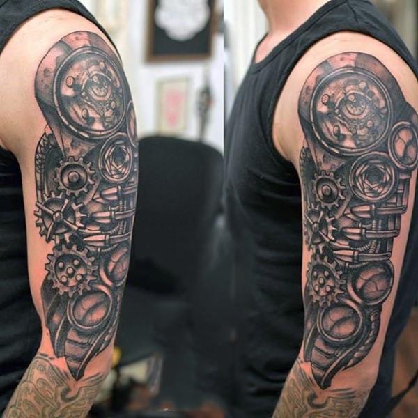 Spectacular multicolored biomechanical style half sleeve tattoo