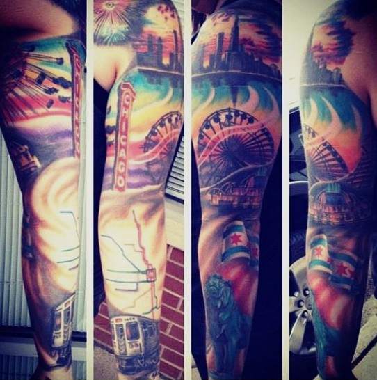 Spectacular multicolored illustrative style sleeve tattoo of modern city sights