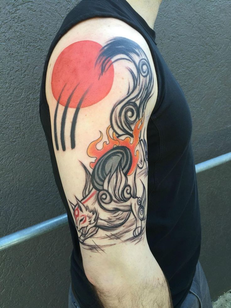 Spectacular multicolored shoulder tattoo of fantasy fox with red sun