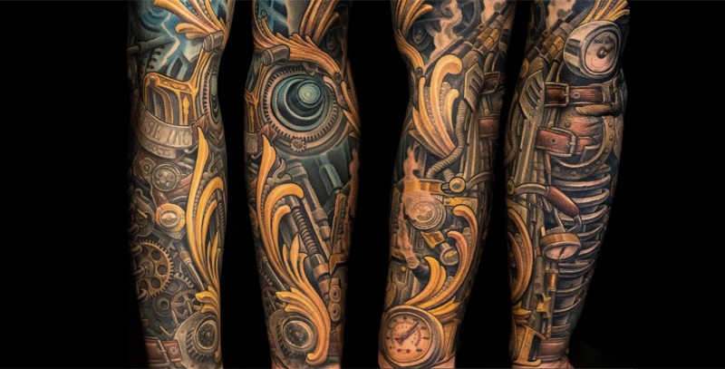 Spectacular multicolored sleeve tattoo of various mechanisms