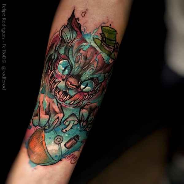 Spectacular new school style colored forearm tattoo of evil cat