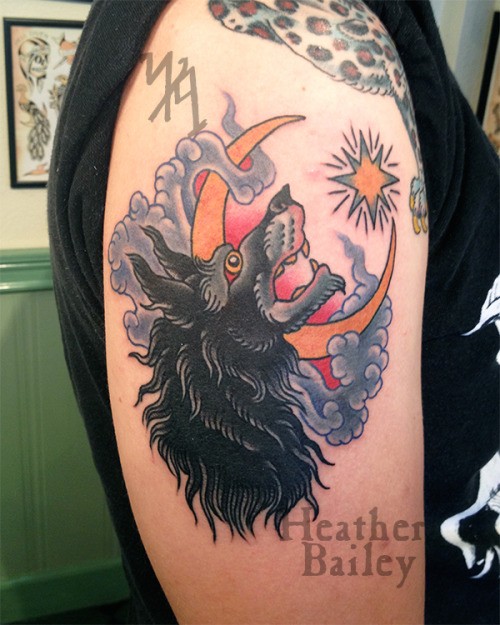 Spectacular old school style colored shoulder tattoo of wolf with moon and clouds