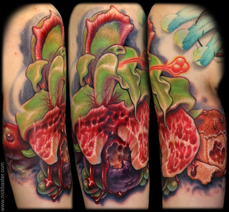 Spectacular painted and colored predatory plan tattoo on shoulder