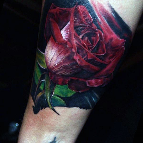 Spectacular realism style colored arm tattoo of rose flower