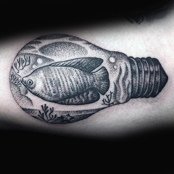 Spectacular stippling style black ink bulb tattoo stylized with fish