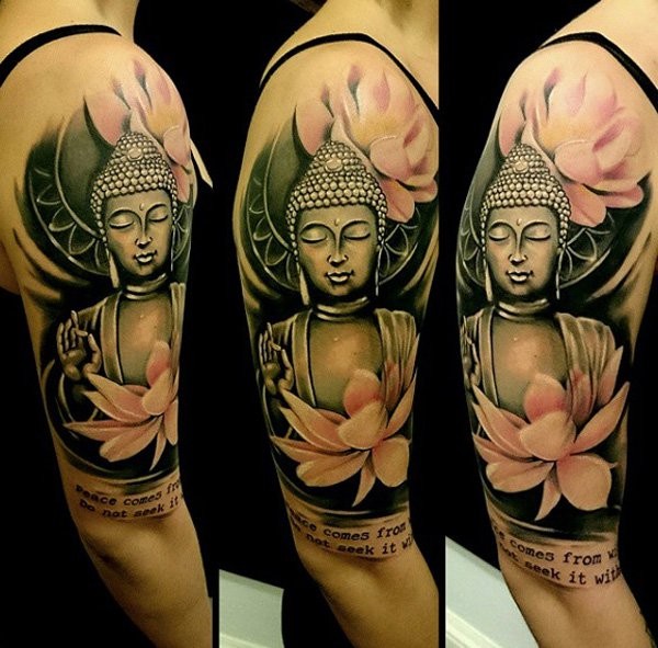 Spectacular style colored shoulder tattoo of Buddha statue with lettering