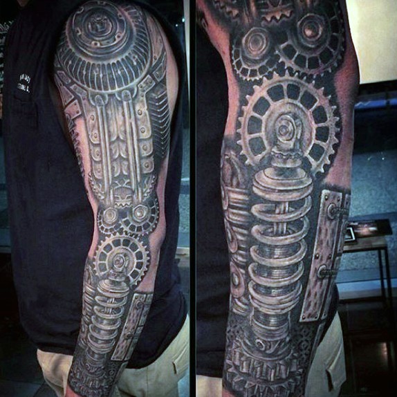 Spectacular very realistic looking biomechanical style sleeve tattoo
