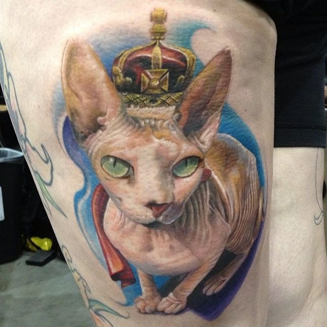 Tatuaggio super realistico sulla gamba il gatto sphynx con la corona