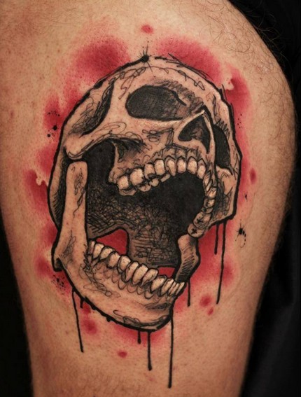 Spooky black skull on a red background tattoo