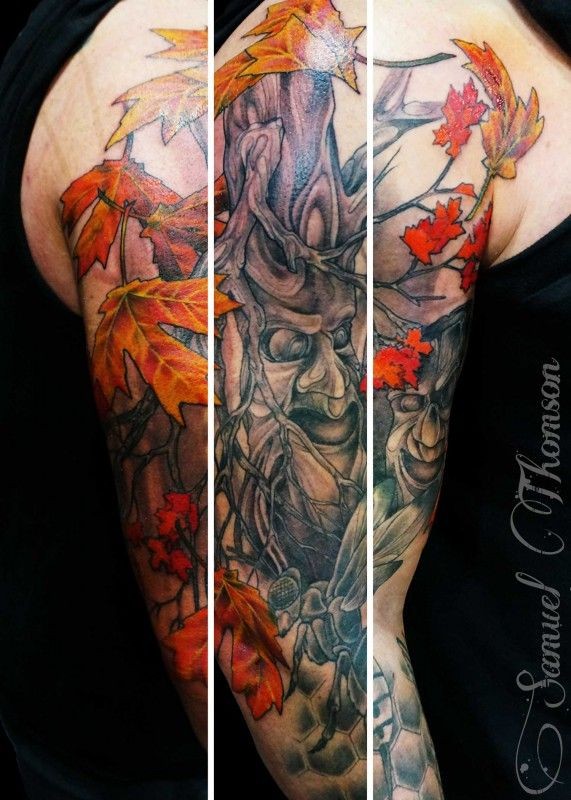 Spooky tree tattoo on half sleeve by Samuel Thompson