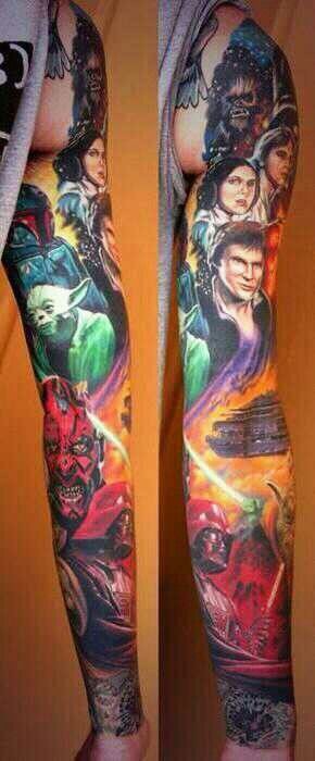 Tatuaje en el brazo, héroes de la guerra de las galaxias, dibujo estupendo de varios colores