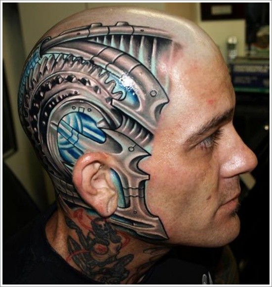 Steel plates and mechanisms tattoo on head