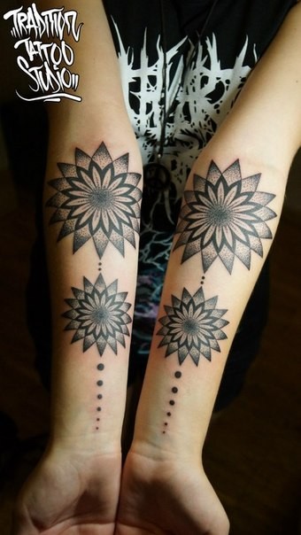 Stippling style awesome looking arms tattoo of big flowers