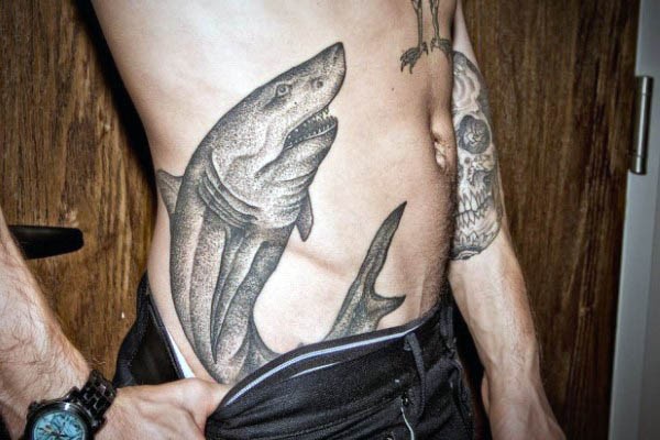 Stippling style big black ink side tattoo of shark