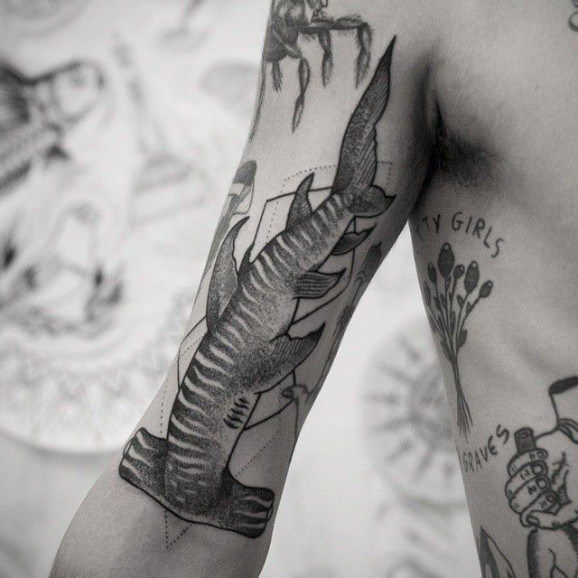 stippling style black ink arm tattoo of hammerhead shark