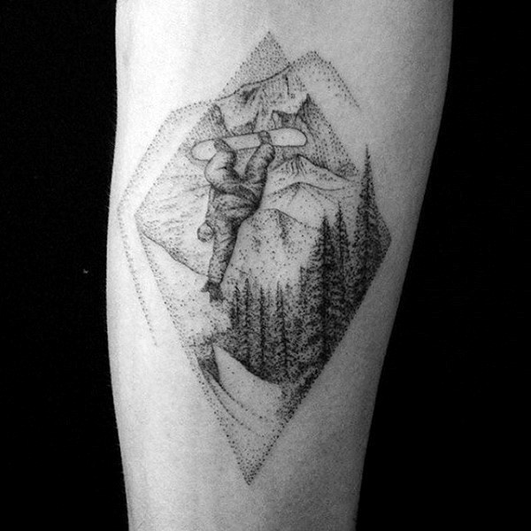 Stippling style black ink arm tattoo of man riding he snowboard