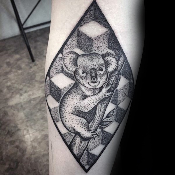 Stippling style black ink arm tattoo of sweet koala with geometric figures