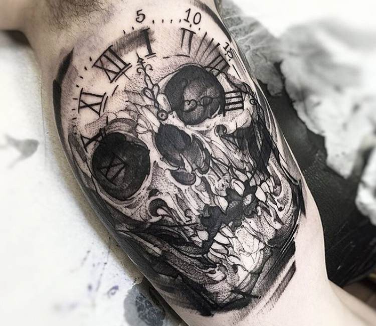 Stippling style black ink biceps tattoo of human skull with clock