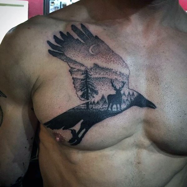 Stippling style black ink chest tattoo of flying crow with deer and forest
