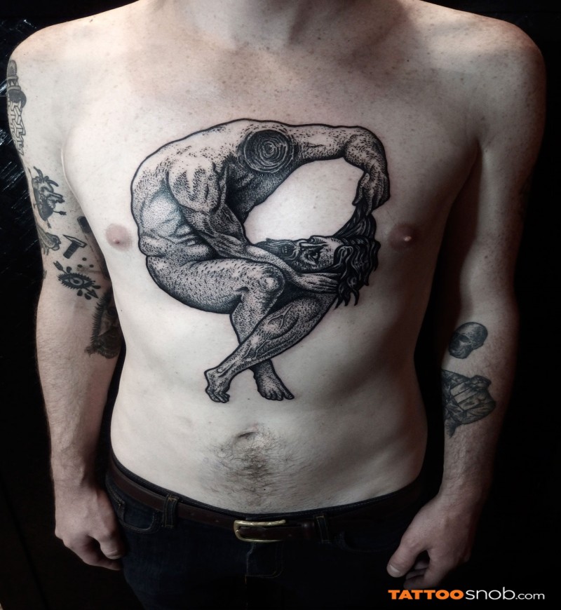 Stippling style black ink chest tattoo of man without head