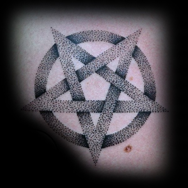 Stippling style black ink demonic star tattoo combined with circle