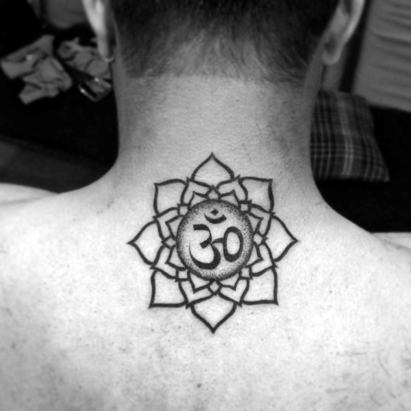 Stippling style black ink flower tattoo on neck with Hinduism symbol