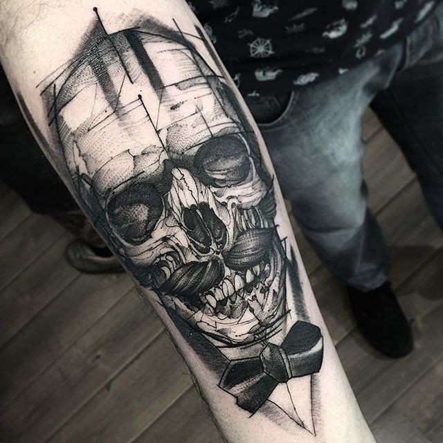 Stippling style black ink forearm tattoo of gentleman skull