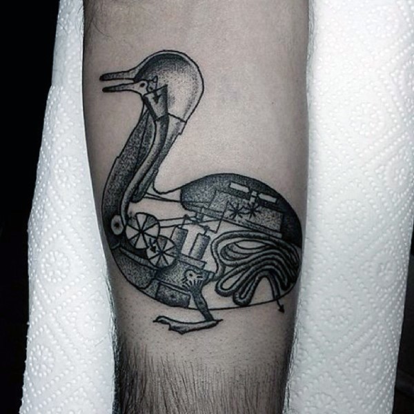 Stippling style black ink forearm tattoo of mechanical duck