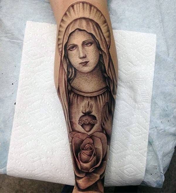 Stippling style black ink forearm tattoo of saint woman with flower