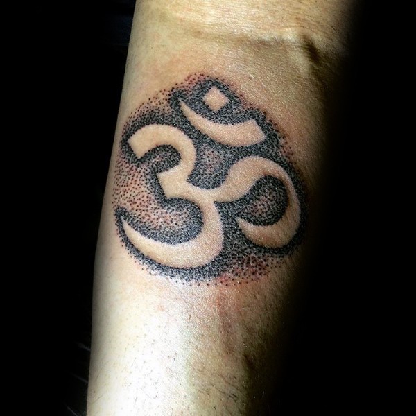Stippling style black ink forearm tattoo of Asian symbol
